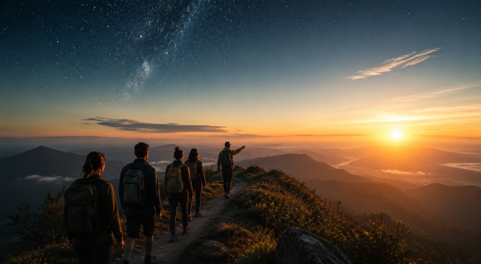 Groep wandelaars die samen naar de zonsopkomst lopen op een bergtop